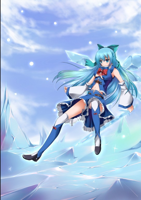 angetsu_no_koshousha, blue_eyes, blue_hair, blush, bow, breasts, cirno, detached_sleeves, hair_bow, ice, ice_sword, long_hair, midriff, skirt, smile, sword, thighhighs, touhou, underboob, weapon, wings