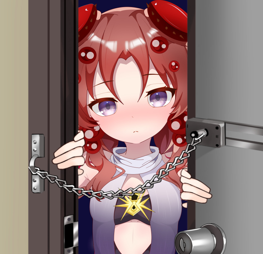 1girl, black_dress, blush, closed_mouth, doorknob, doorway, dress, duel_monster