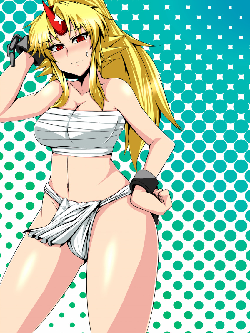 blonde_hair, blush, chain, chains, cuffs, fundoshi, halftone, halftone_background