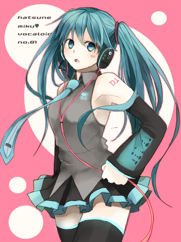 aqua_eyes, aqua_hair, bad_id, hatsune_miku, headphones, kumaru, long_hair, necktie