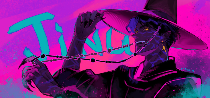 1boy, absurdres, black_hair, black_hanbok, body_markings, character_name, demon, earrings