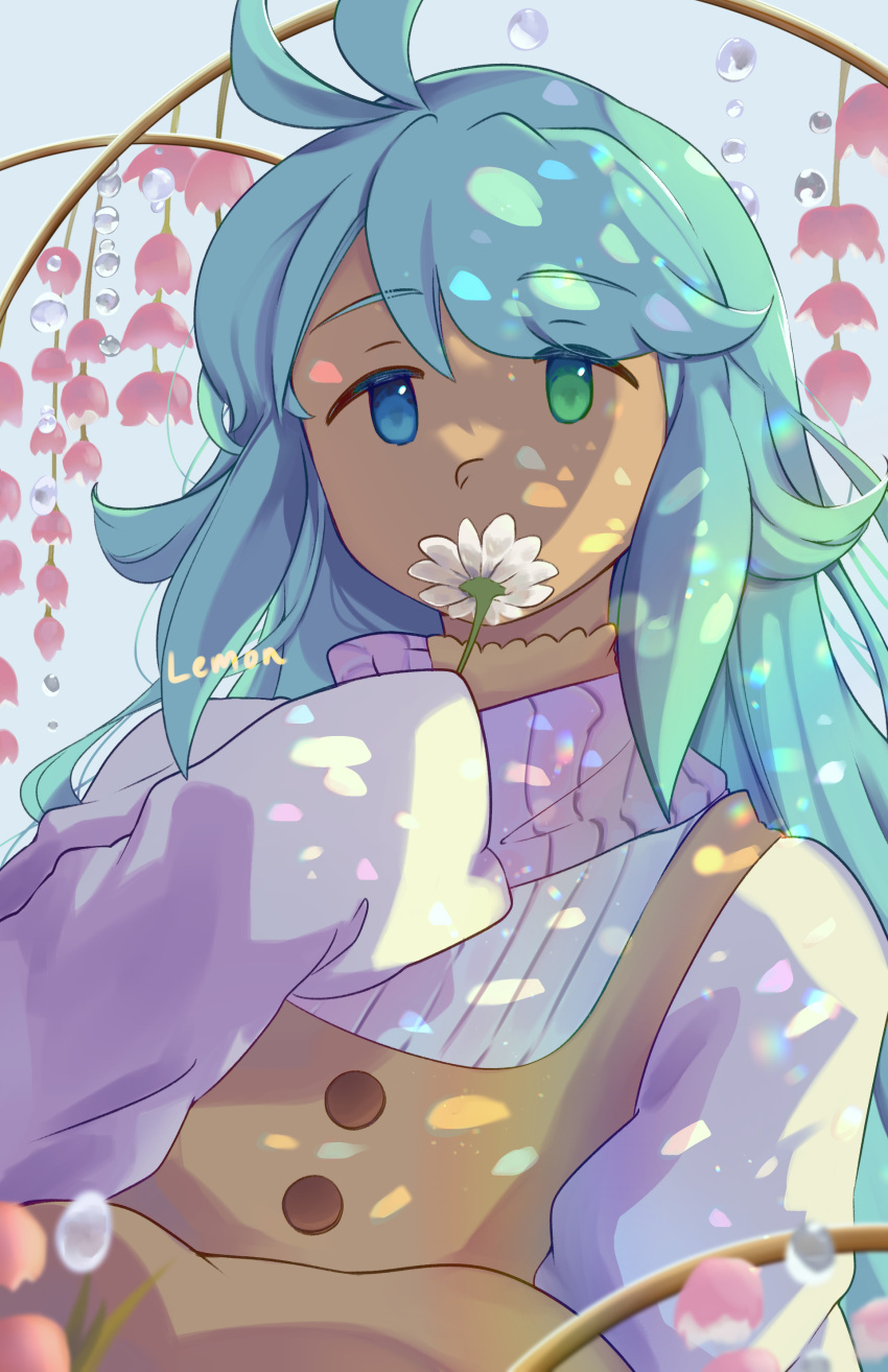 1girl, absurdres, aqua_hair, blue_eyes, brown_dress, commentary, dark-skinned_female, dark_skin, dress, english_commentary, flower, green_eyes, heterochromia, highres, holding, holding_flower, lemcean, long_hair, no_sclera, original, signature, sleeves_past_fingers, sleeves_past_wrists, solo, turtleneck, upper_body
