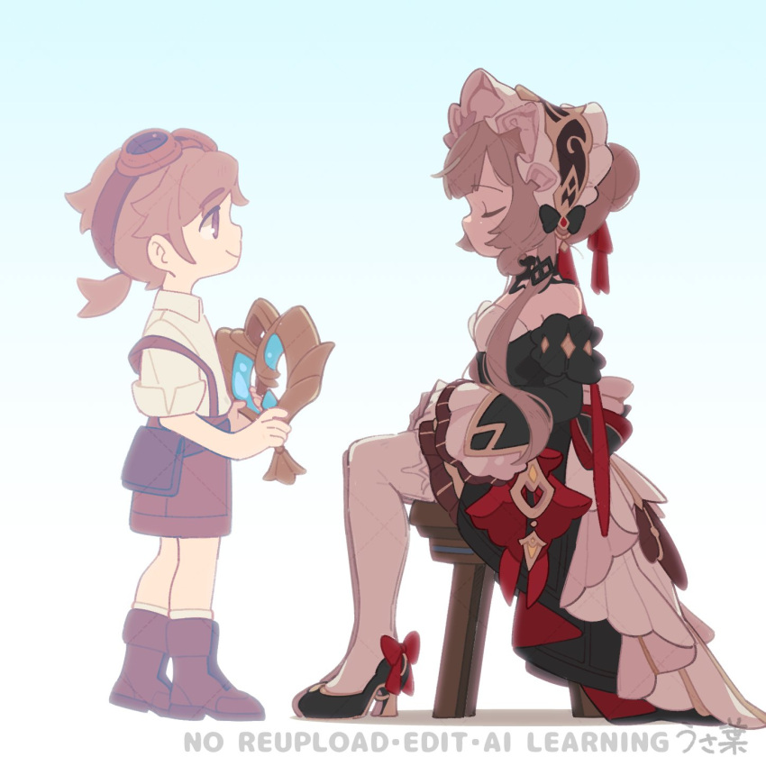 1boy, 1girl, aged_down, alain_guillotin, back_bow, belt, belt_pouch, black_dress