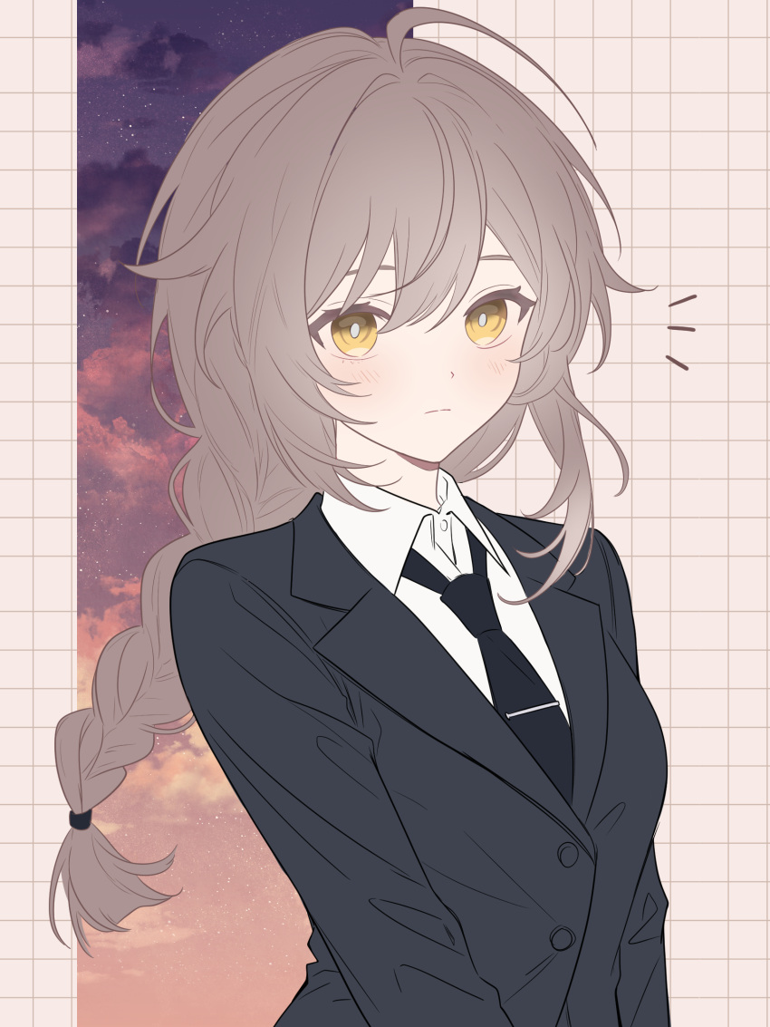 1girl, absurdres, ahoge, black_jacket, black_necktie, blush, braid, brown_hair