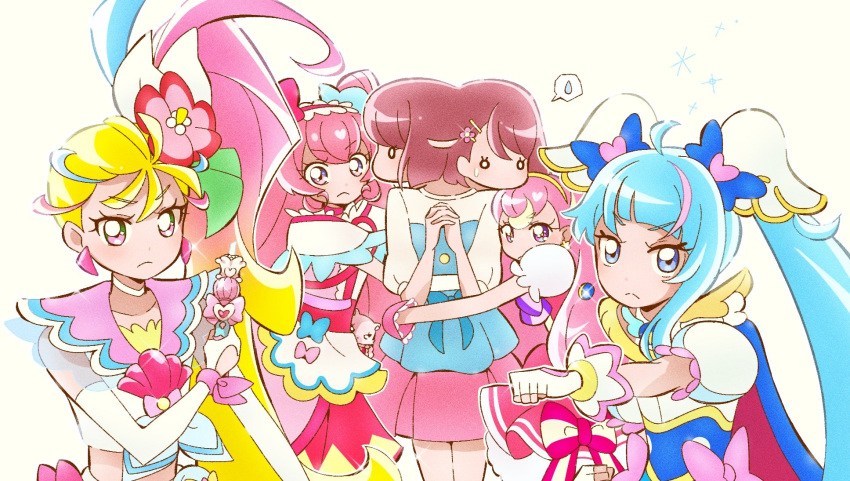 5girls, afterimage, apron, blonde_hair, blouse, blue_dress, blue_eyes, blue_hair, blue_shirt, bob_cut, bow, bowtie, brooch, casual, choker, clenched_hands, closed_mouth, commentary, cropped_shirt, cure_precious, cure_sky, cure_summer, cure_wonderful, delicious_party_precure, detached_sleeves, double_bun, dress, dress_bow, earrings, elbow_gloves, fighting_stance, fingerless_gloves, flower, frilled_hairband, frills, frown, gloves, hair_bun, hair_flower, hair_ornament, hair_pulled_back, hairband, hairclip, healin'_good_precure, heart_rouge_rod, hibiscus, highres, hirogaru_sky!_precure, holding, hug, in-franchise_crossover, interlocked_fingers, inukai_komugi, jewelry, kome-kome, long_hair, looking_at_viewer, magical_girl, miniskirt, multicolored_dress, multicolored_hair, multiple_girls, nagomi_yui, natsuumi_manatsu, o_o, own_hands_together, pact_holder, pink_bow, pink_dress, pink_hair, pink_sailor_collar, pink_skirt, precure, protecting, puffy_detached_sleeves, puffy_sleeves, purple_bow, purple_bowtie, red_dress, sailor_collar, sailor_shirt, shell_brooch, shirt, side_ponytail, simple_background, skirt, sleeveless, sleeveless_shirt, solo, sora_harewataru, sweatdrop, triangle_earrings, tropical-rouge!_precure, twintails, two-tone_shirt, very_long_hair, waist_apron, white_background, white_choker, white_dress, white_gloves, white_shirt, wing_hair_ornament, wonderful_precure!, yellow_hairband, yuu13