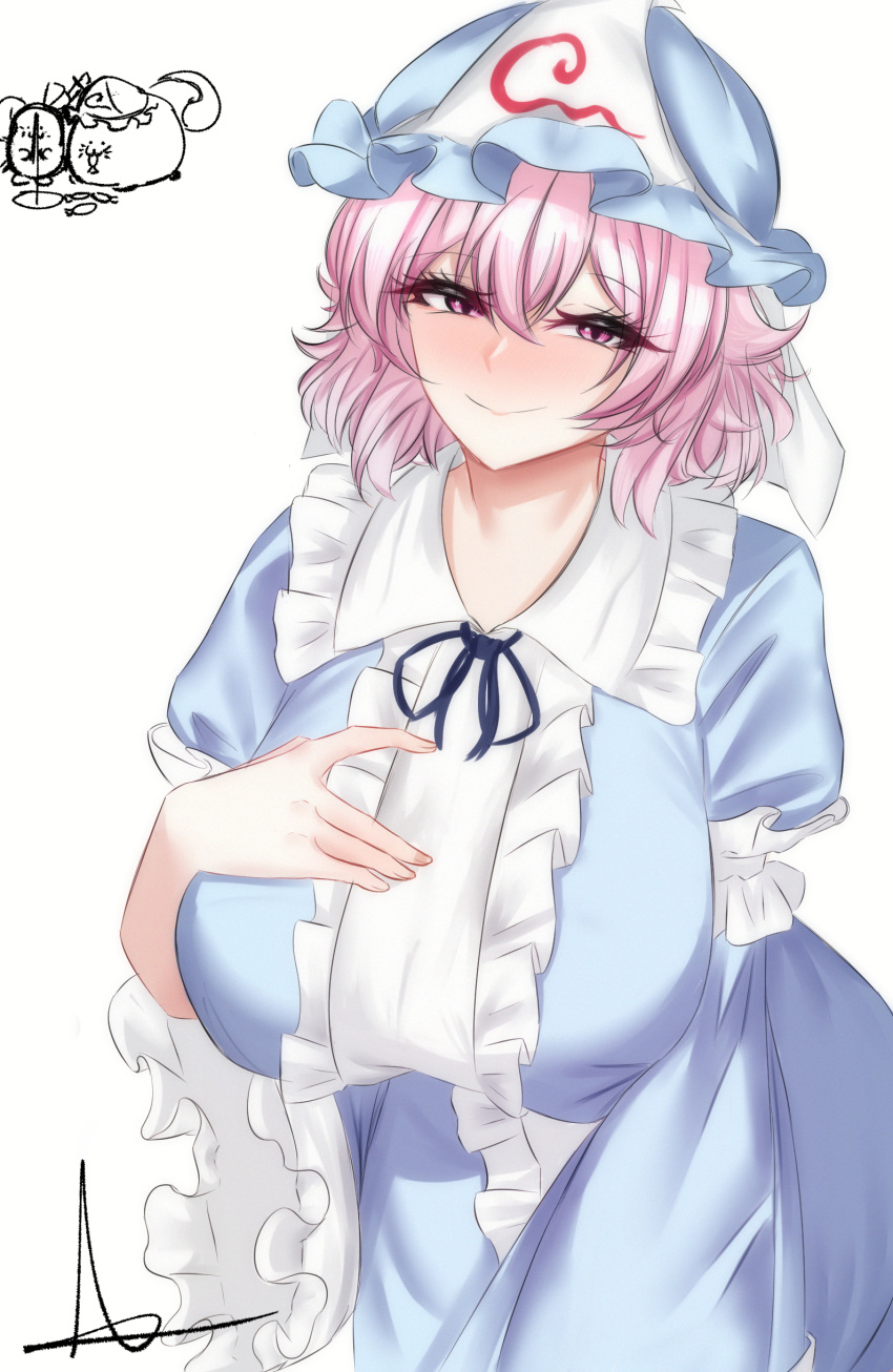 1girl, absurdres, animalization, blue_hat, blue_kimono, blush, breasts, closed_mouth
