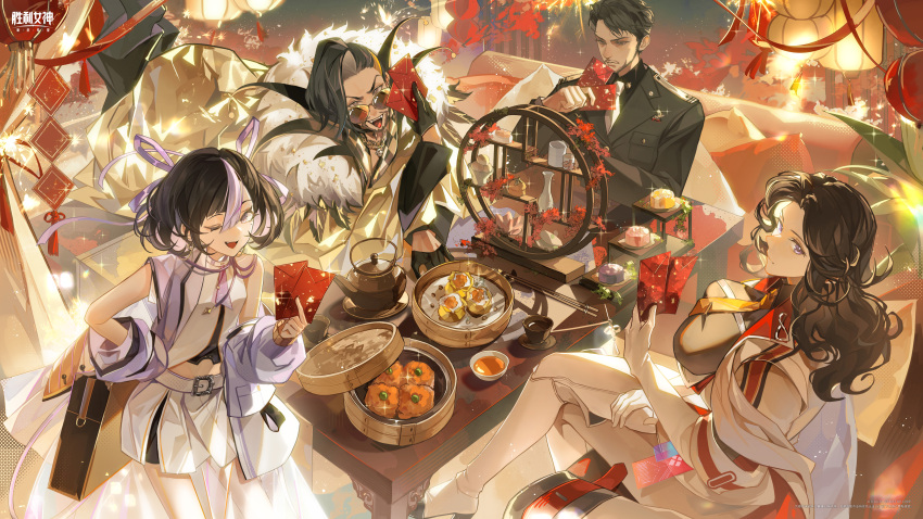 2boys, 2girls, :p, absurdres, andersen_(nikke), black_gloves, black_hair, blue_eyes