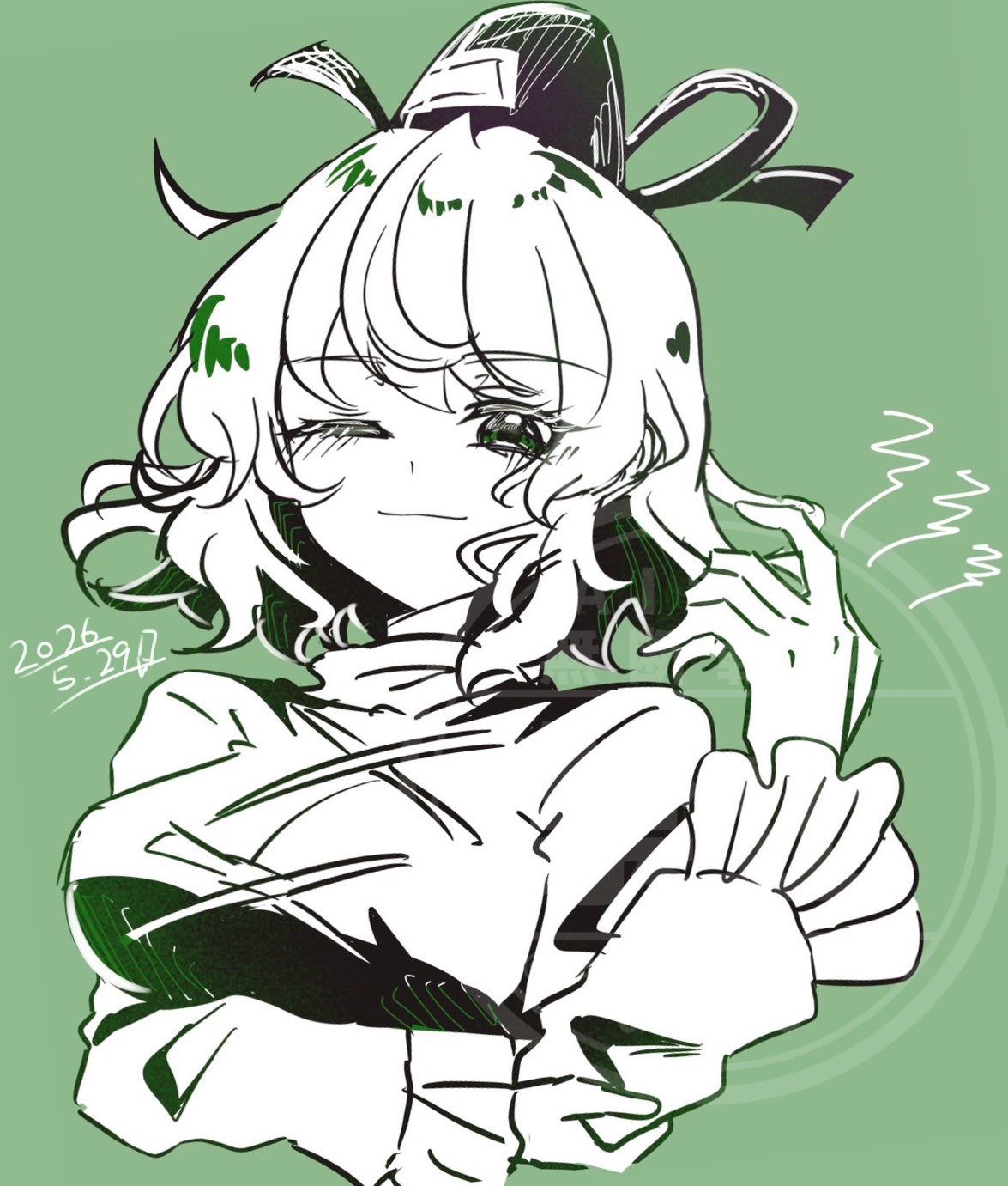 1girl, breasts, caramel_umashi, closed_mouth, commentary, cross-laced_clothes, dated, green_background