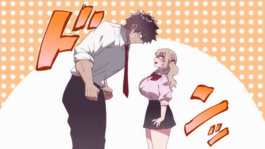 04cura, 1boy, 1girl, :d, black_hair, black_pants, black_skirt, blonde_hair