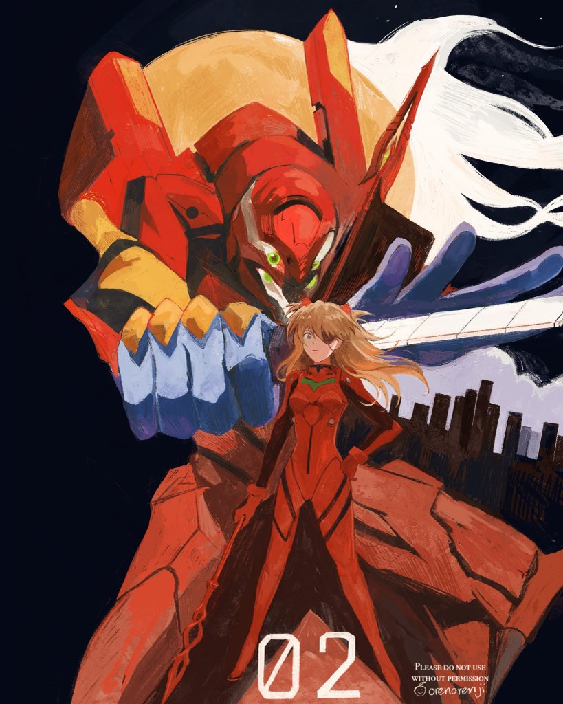 1girl, blue_eyes, bodysuit, closed_mouth, commentary, eva_02, evangelion:_3.0_you_can_(not)_redo, evangelion_(mecha)