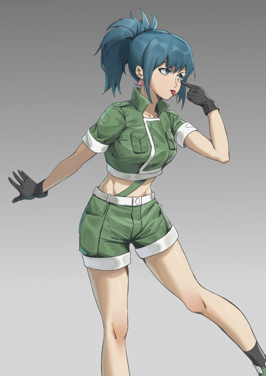 1girl, :p, black_gloves, black_hair, blue_eyes, boogieleo5, collared_shirt, earrings