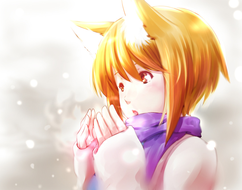 animal_ears, blonde_hair, blowing, dearmybrothers, fox_ears, hands_to_mouth, no_hat, no_headwear
