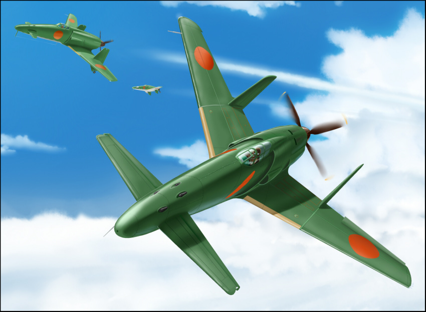cloud, condensation_trail, contrail, flying, kyuushuu_j7w_shinden, military, original, propeller, shoki_(tel), sky, world_war_ii, wwii