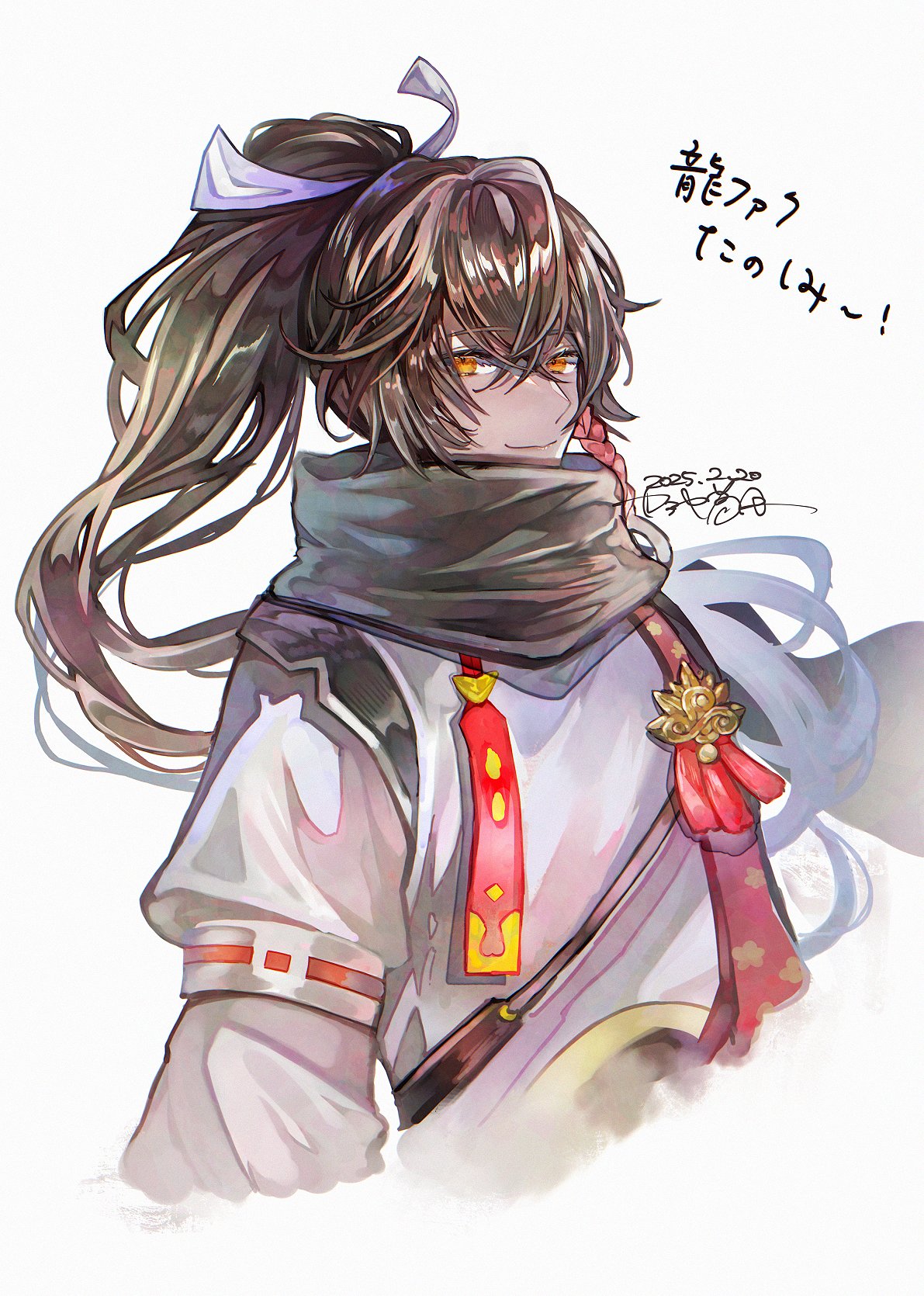 1boy, aqlio, armor, black_scarf, brown_hair, commentary_request, cropped_torso, grey_kimono
