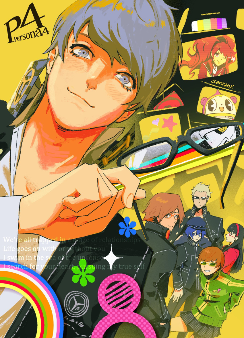 amagi_yukiko, blonde_hair, brown_hair, grey_eyes, grey_hair, hanamura_yousuke, hat, headphones