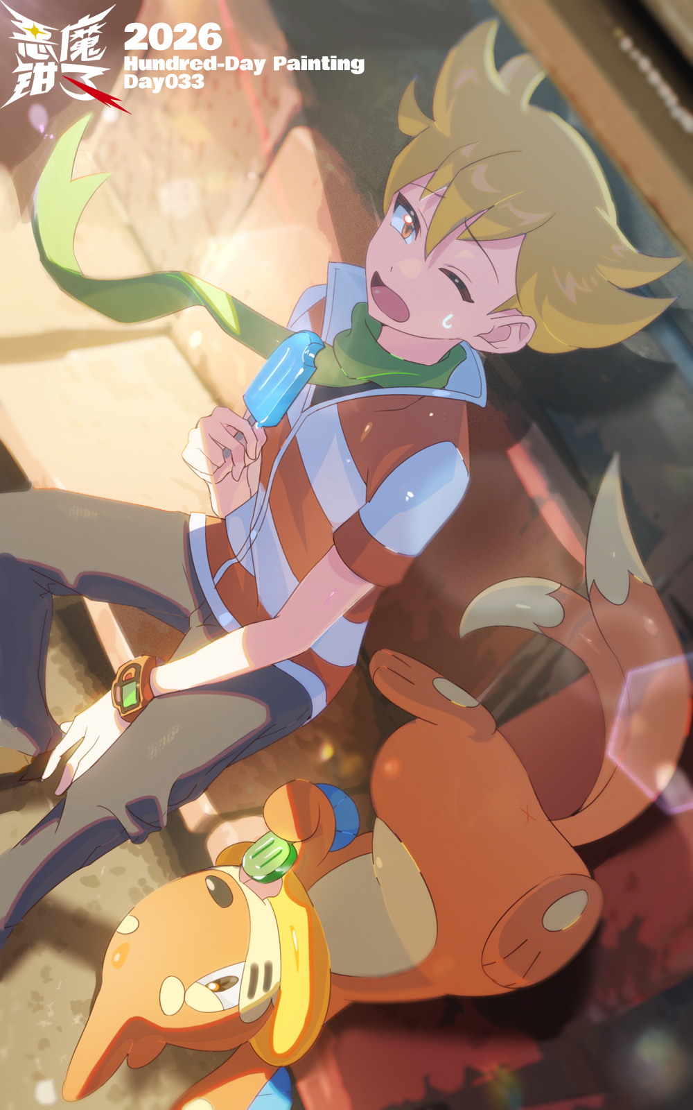 1boy, barry_(pokemon), bench, black_shoes, blonde_hair, buizel, commentary, demonqz7