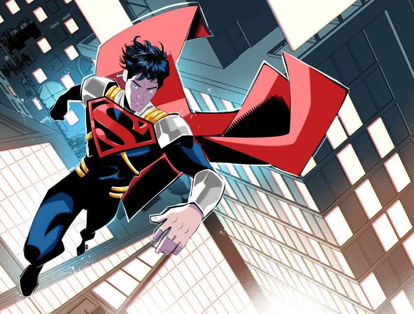 1boy, bodysuit, cape, commentary, dc_comics, english_commentary, george_kambadais, highres