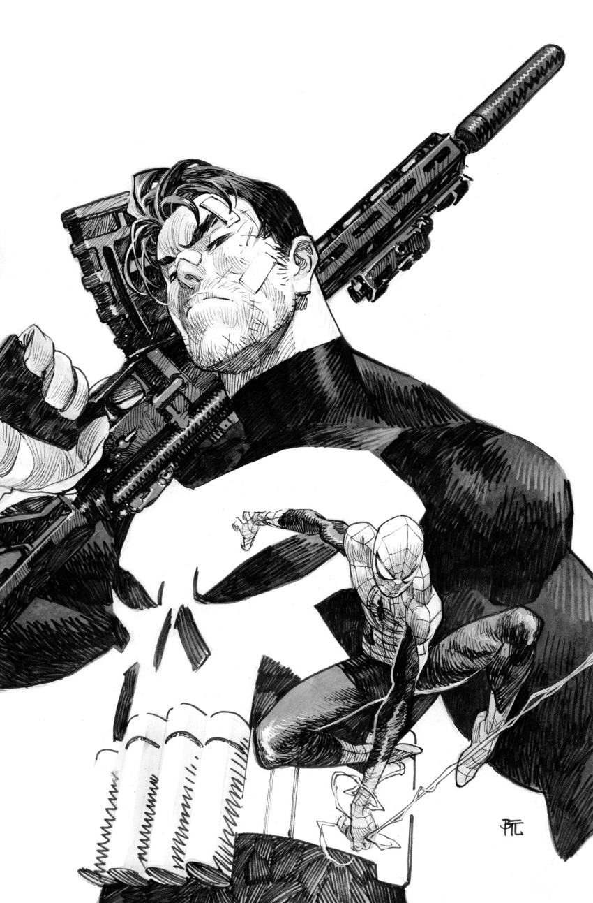 2boys, animal_print, bodysuit, dike_ruan, frank_castle, highres, male_focus, marvel
