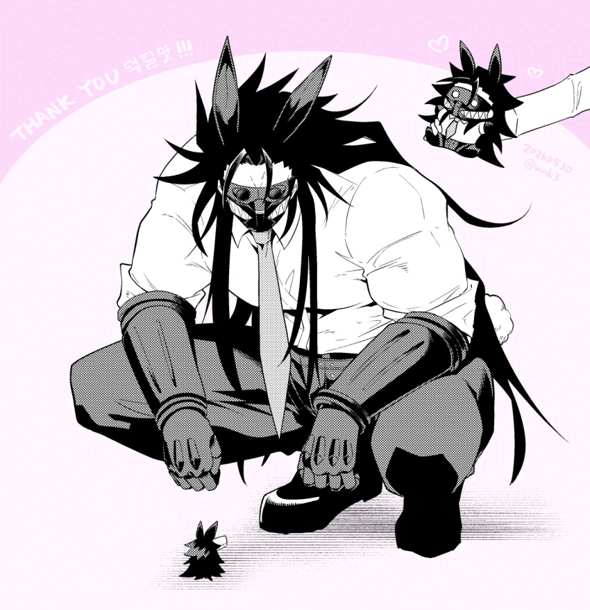 black_hair, black_pants, black_shoes, commentary_request, dakkarubi, gloves, highres, looking_down