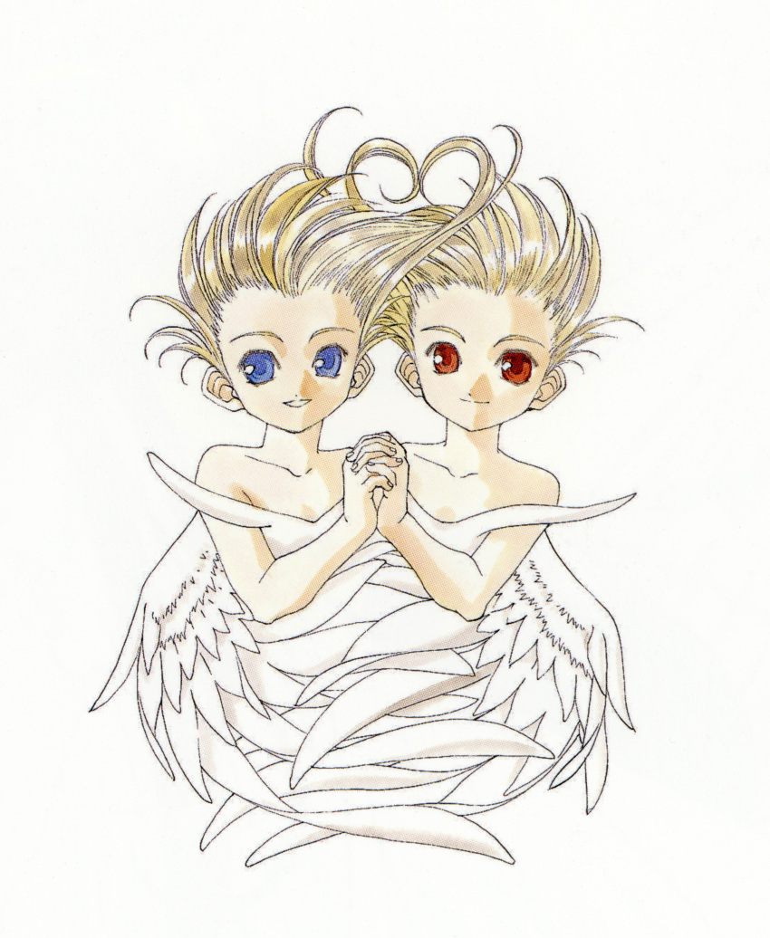 2girls, aa_megami-sama, absurdres, angel, angel_wings, asymmetrical_hair, blonde_hair, blue_eyes