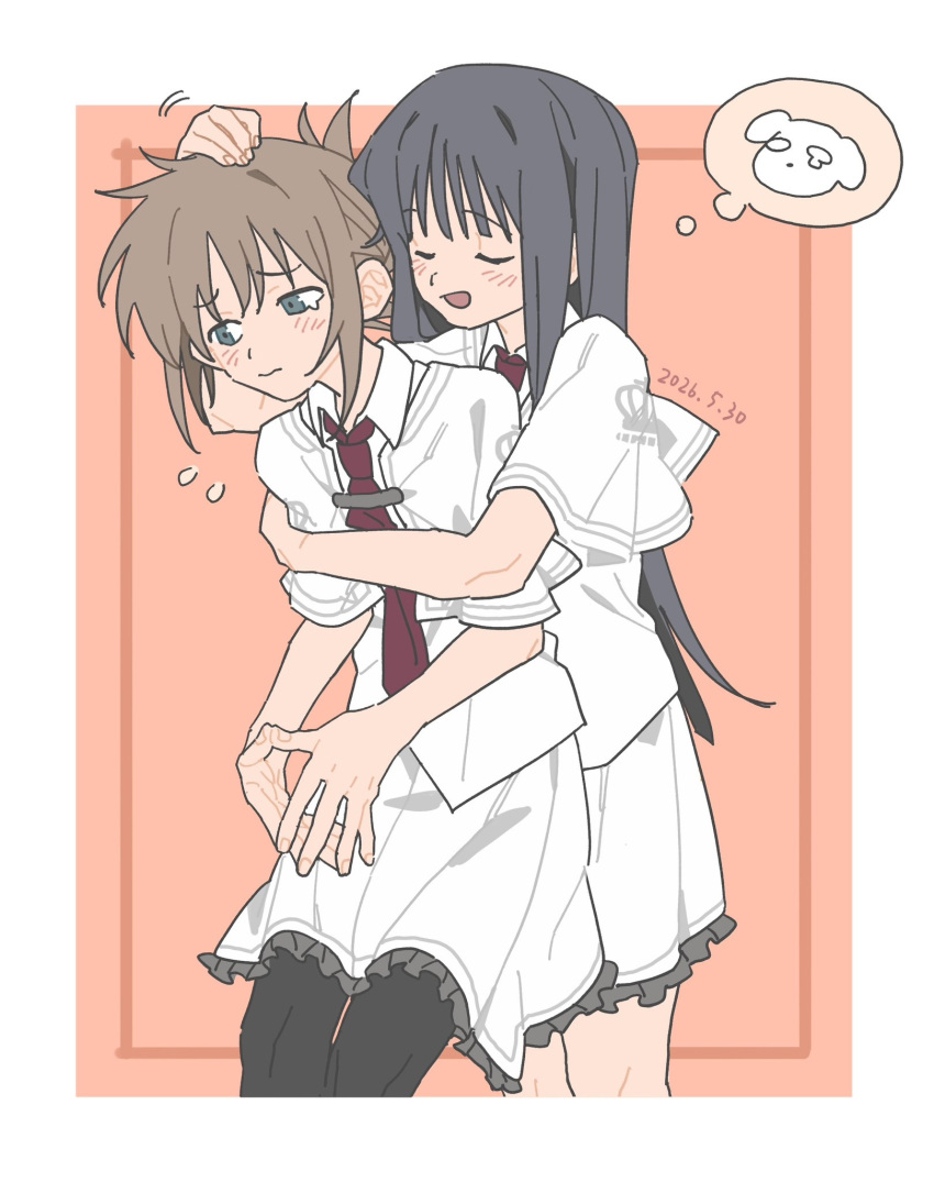 2girls, black_pantyhose, blue_eyes, blush, border, brown_hair, capelet, closed_eyes