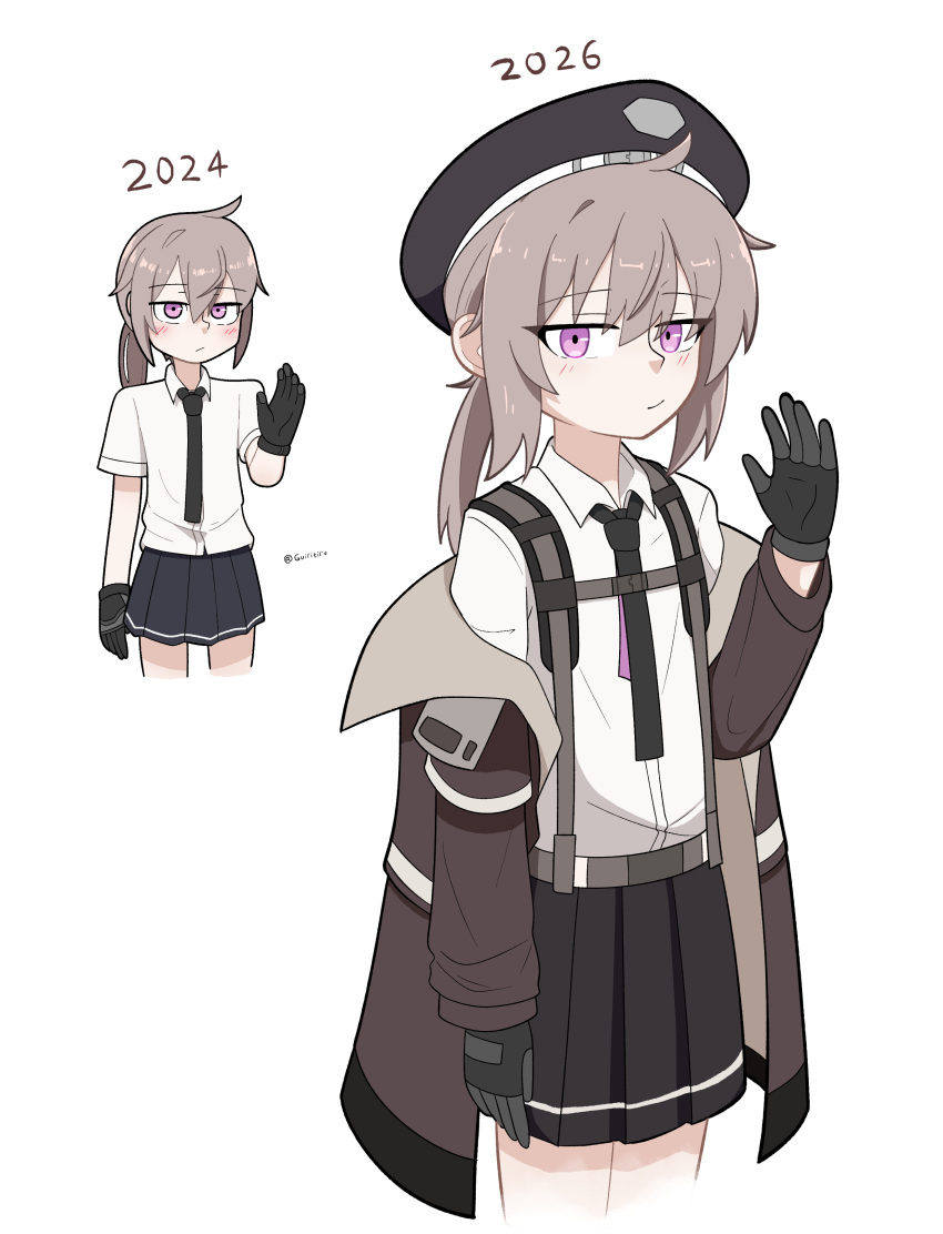 1girl, :/, absurdres, artist_progress, black_gloves, black_hat, black_necktie, black_skirt