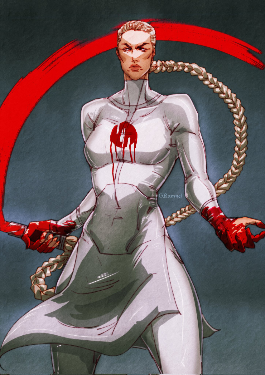 1girl, blood, blood_on_hand, blood_on_weapon, braid, braided_ponytail, closed_mouth, commentary