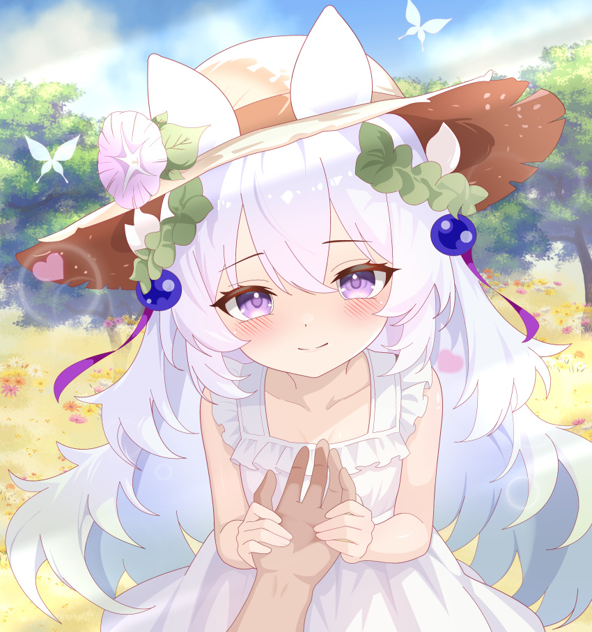 1girl, 1other, absurdres, alternate_costume, blush, brown_hat, bug, butterfly