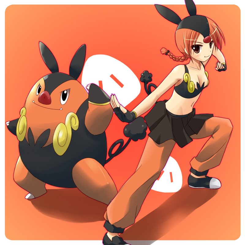 1girl, braid, brown_eyes, fighting_stance, fingerless_gloves, gloves, low_twintails, moemon