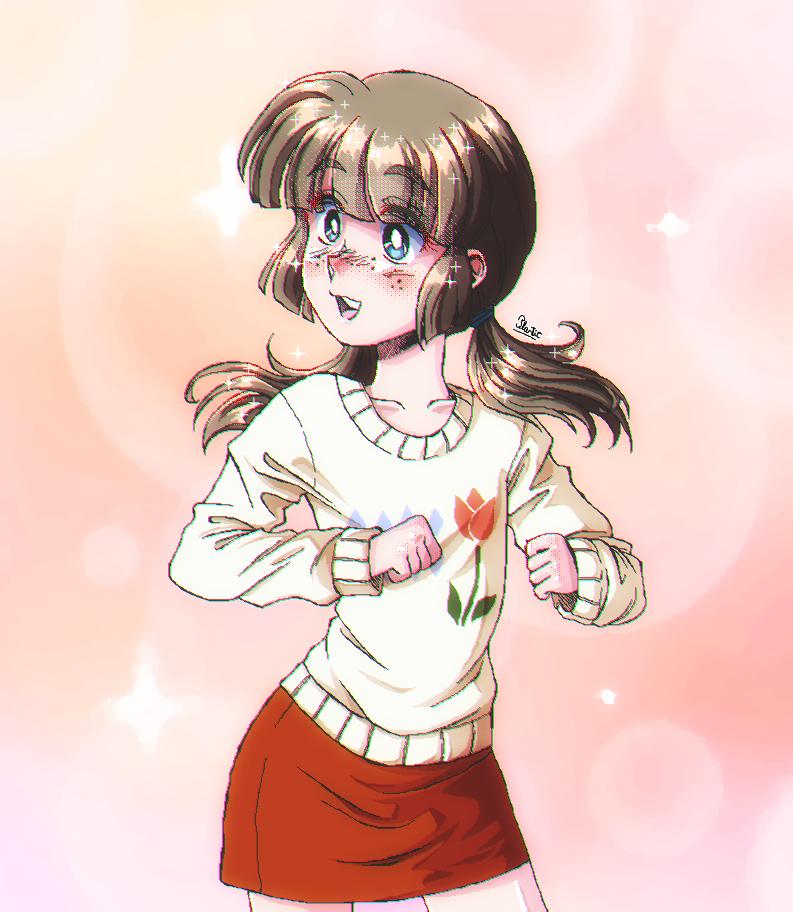1girl, blue_eyes, bright_pupils, brown_hair, clenched_hand, collarbone, commentary_request, corpse_party, cowboy_shot, freckles, kanno_yuki, long_hair, low_twintails, open_mouth, pink_background, red_skirt, s0urm1111k, skirt, smile, solo, standing, sweater, teeth, twintails, upper_teeth_only, white_pupils, white_sweater