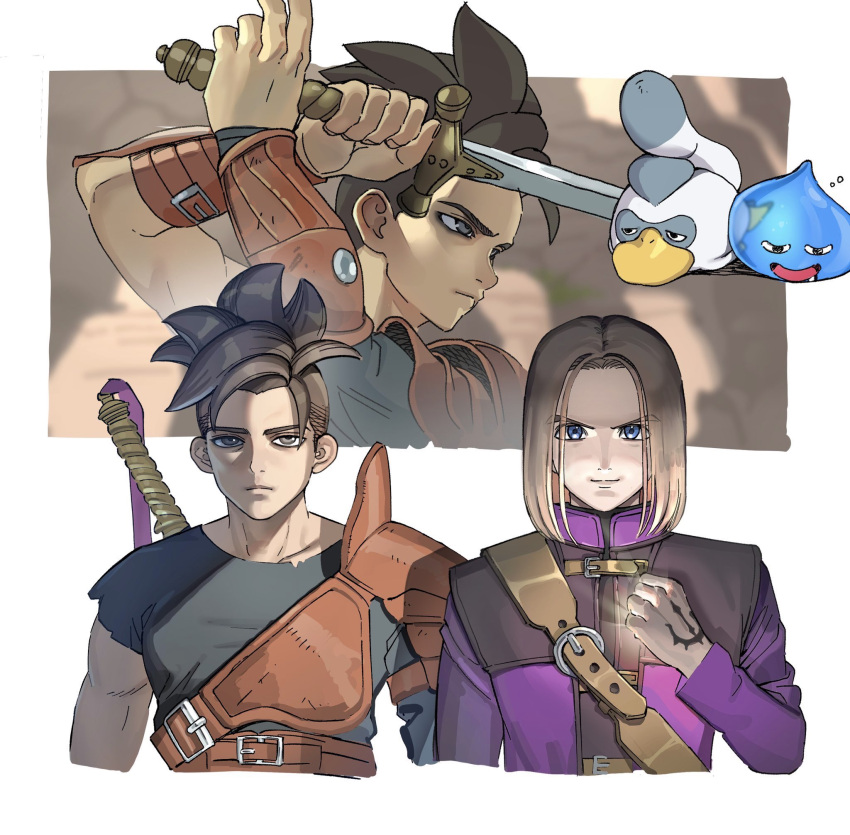 2boys, black_shirt, blue_eyes, brown_hair, closed_mouth, coat, commentary_request, dragon_quest