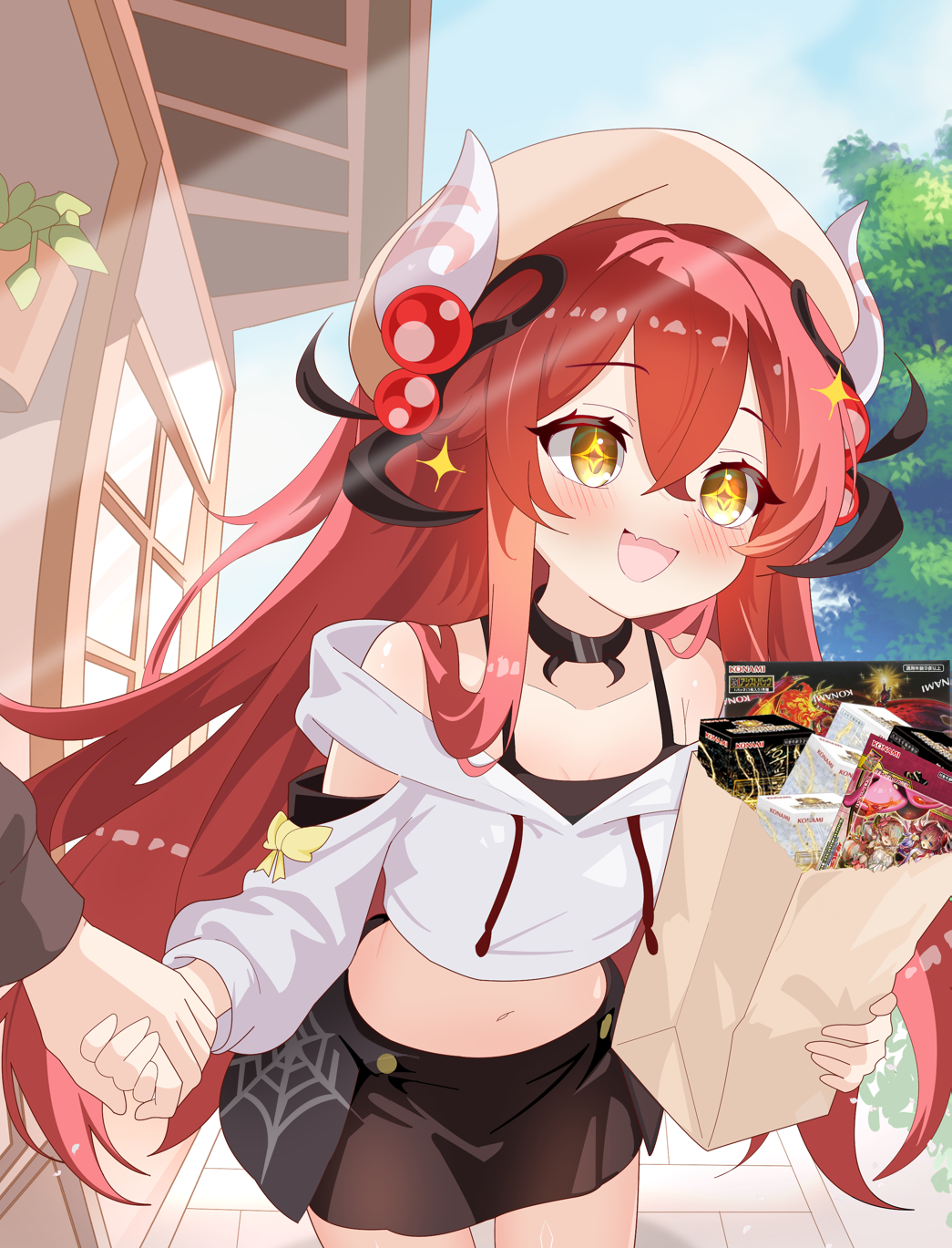 1girl, alternate_costume, bag, beret, black_skirt, blush, commentary_request, duel_monster