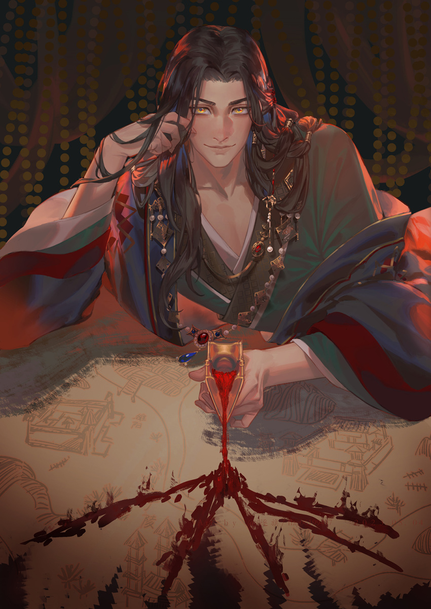1boy, black_hair, chinese_clothes, closed_mouth, code:_kite, commentary_request, flag_(99199861), hair_ornament