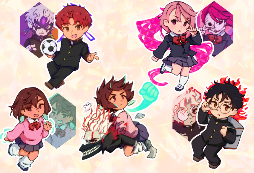 adjusting_eyewear, ayase_momo, backpack, bag, ball, black_hair, black_jacket, bow, brown_hair, carrying, chibi, chibi_only, clenched_teeth, colored_skin, commentary, dandadan, dual_persona, earrings, english_commentary, enjoji_jin, enjoji_jin_(possessed), facial_mark, forehead_mark, gakuran, ghost, glasses, grey_skin, gyaru, highres, holding, holding_ball, jacket, jewelry, lemcean, loose_socks, mask, miniskirt, multicolored_skin, no_sclera, piggyback, pink_hair, pink_sweater, pleated_skirt, pointing, red_bow, red_eyes, red_hair, round_eyewear, school_uniform, shiratori_aira_(dandadan), shiratori_aira_(transformed)_(dandadan), skirt, soccer_ball, socks, standing, standing_on_one_leg, sweater, takakura_ken_(dandadan), takakura_ken_(transformed)_(dandadan), teeth, two-tone_skin, ufo, v, violet_eyes, white_hair, white_skin, white_socks