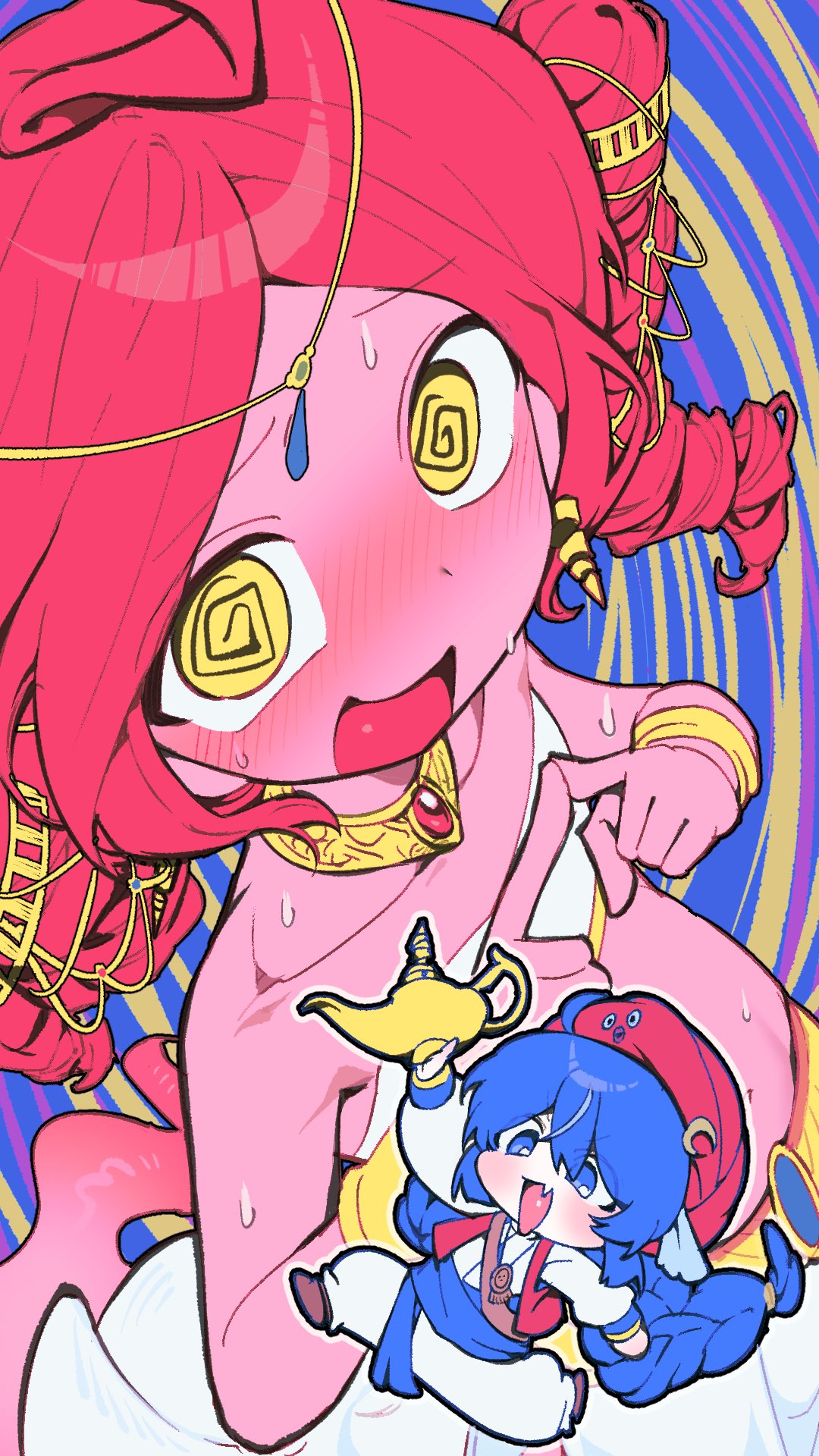 2girls, @_@, approve_please_genie(vocaloid), arabian_clothes, baggy_pants, blue_background, blue_eyes, blue_hair