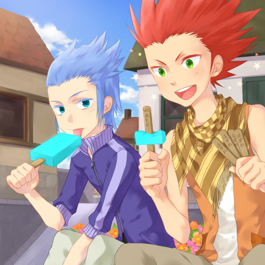 2boys, :p, blue_hair, food, green_eyes, highres, ice_cream, isa_(kingdom_hearts)