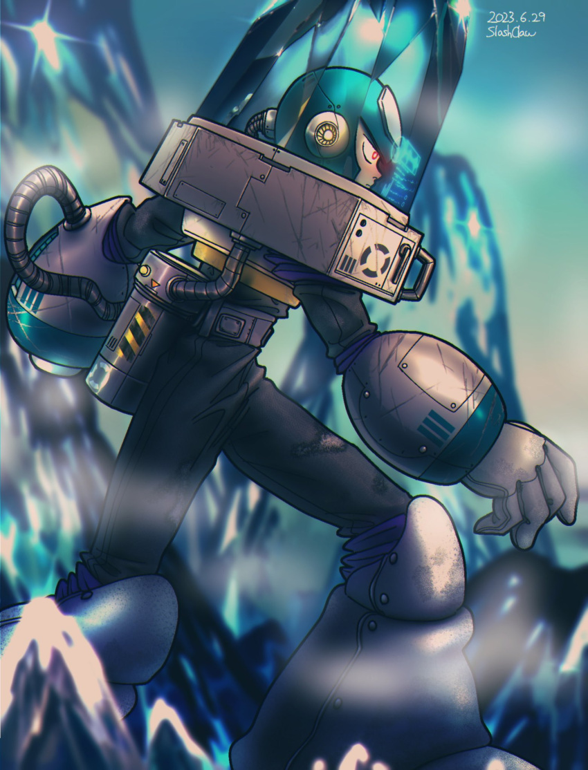 1boy, 2023, android, aqua_helmet, arm_cannon, chill_man, dated, from_side