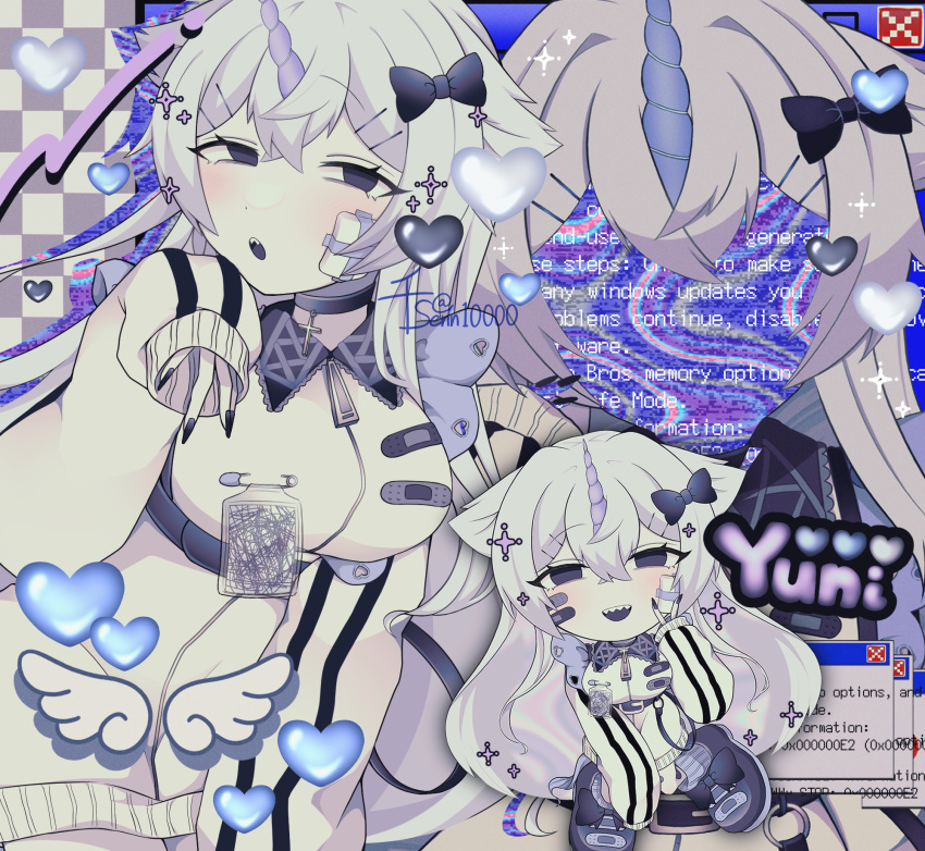 1girl, abstract_background, artist_name, bandage_on_face, bandages, bandaid, bandaid_on_breast, belt, black_belt, black_bow, black_eyes, black_nails, black_shoes, bow, breasts, censored, censored_identity, character_name, chibi, chibi_inset, commentary, crossed_bangs, empty_eyes, english_text, error_message, facing_viewer, fake_transparency, fingernails, glitch, hair_bow, half-closed_eyes, heart, highres, id_card, jacket, lace-trimmed_collar, lace_trim, large_breasts, long_hair, long_sidelocks, multiple_views, original, safety_pin, scribble_censor, senn10000, sharp_teeth, shoes, sidelocks, silhouette, sleeves_past_wrists, smile, sneakers, sparkle, teeth, tenshi_kaiwai, unicorn_girl, unicorn_horn, v, very_long_hair, very_long_sidelocks, void_face, white_hair, white_jacket, window_(computing), yuni_(senn10000), zipper, zipper_pull_tab
