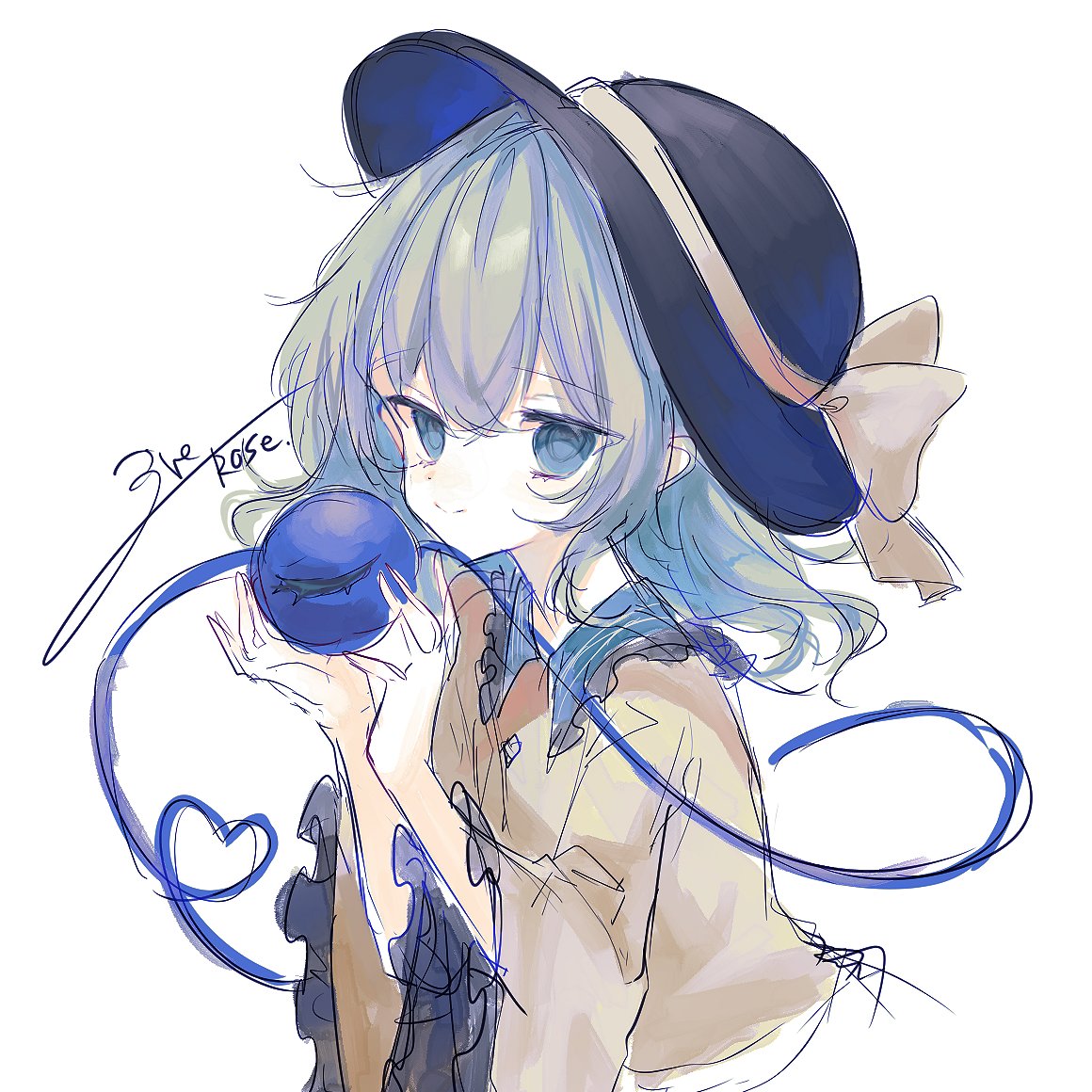 1girl, artist_name, black_hat, blouse, bow, disembodied_linked_eye, eyeball, frilled_shirt_collar