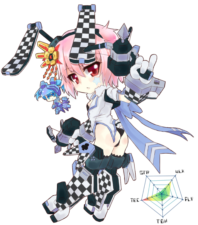 animal_ears, ass, bow, bunny_ears, checkered, chibi, cosmic_break, gun
