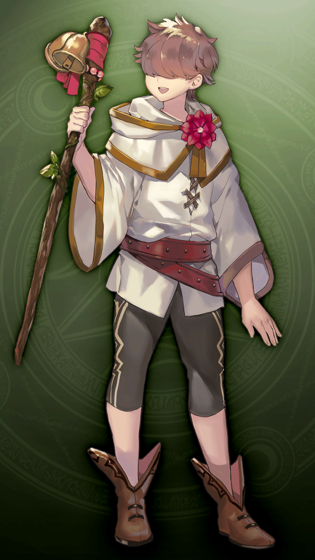 1boy, bell, brown_hair, brown_shoes, covered_eyes, flower, game_asset, green_background