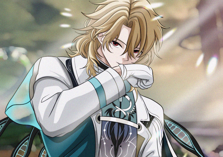 1boy, aqua_shirt, artist_name, blonde_hair, blurry, blurry_background, commentary, game_screenshot_background