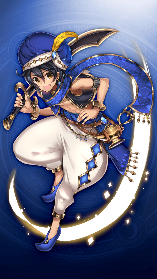 1boy, abs, aladdin_(grimms_notes), aladdin_(original)_(grimms_notes), arabian_clothes, black_hair, blue_background, blue_gem