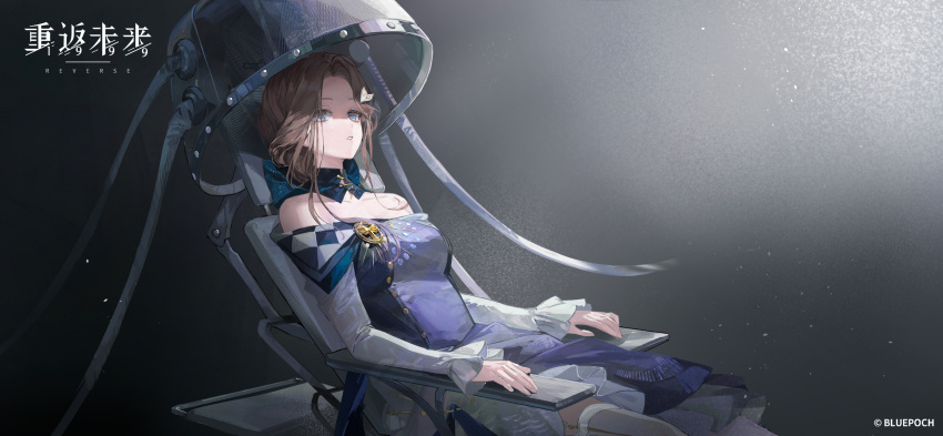 1girl, bare_shoulders, blue_bow, blue_eyes, bow, breasts, cable, chair