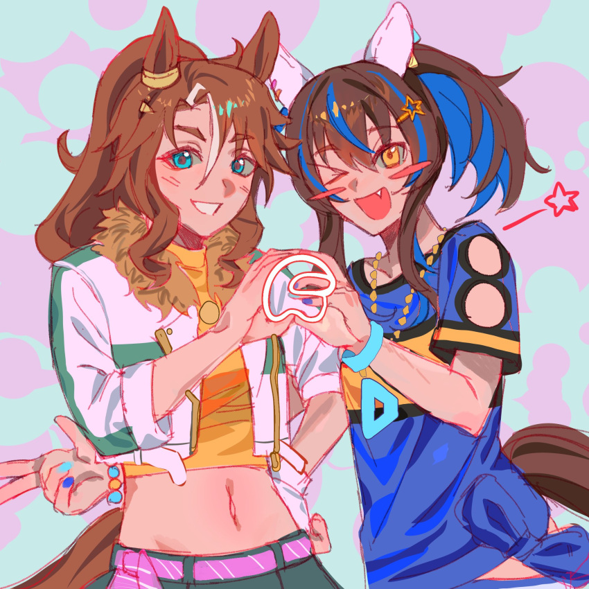 >_o, 2girls, :d, among_us, among_us_hands, animal_ears, belt, blue_eyes