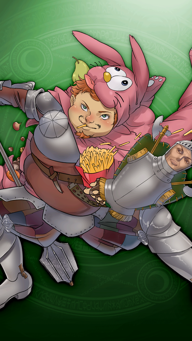 1boy, arm_shield, armor, blue_eyes, brown_gloves, facial_hair, fat, fingerless_gloves, food, french_fries, fruit, game_asset, gloves, goatee, green_background, grimms_notes, holding, holding_food, holding_weapon, knife, koutarou_(farthest), legs_apart, light_blush, looking_up, male_focus, mouth_hold, mustache, non-web_source, official_art, orange_hair, patchwork_clothes, pear, sancho_panza_(grimms_notes), short_hair, solo, weapon