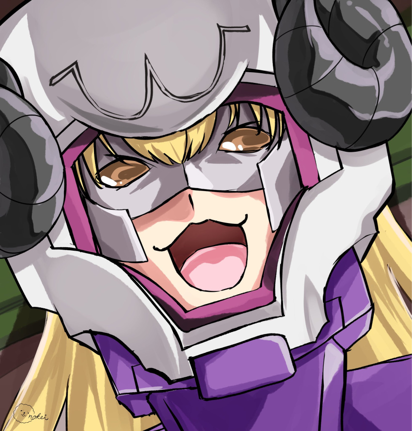 1girl, :d, artist_logo, artist_name, blonde_hair, commentary_request, cosplay, gundam