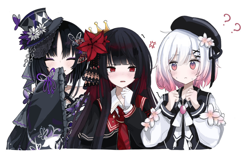 bare_shoulders, beret, black_gloves, black_hair, black_hat, black_shirt, butterfly_hair_ornament, closed_eyes, crown, dress, flower, gloves, gradient_hair, hair_flower, hair_ornament, hat, highres, housho_margo, japanese_clothes, jasei, kimono, lolita_fashion, long_hair, long_sleeves, mahou_shoujo_no_majo_saiban, multicolored_hair, multiple_girls, necktie, nikaido_hiro, open_mouth, parted_bangs, pink_eyes, pink_hair, pleated_capelet, red_eyes, red_flower, red_necktie, sakuraba_ema, shirt, short_hair, side_capelet, simple_background, smile, top_hat, wa_lolita, white_background, white_flower, white_gloves, white_hair, x_hair_ornament