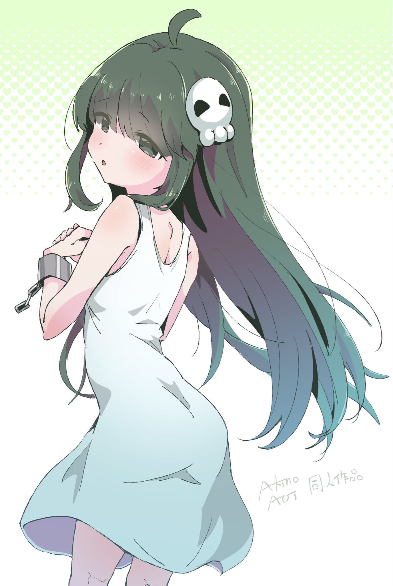 ahoge, akino_yoo, ass, bare_shoulders, breasts, cuffs, dress, gradient_hair
