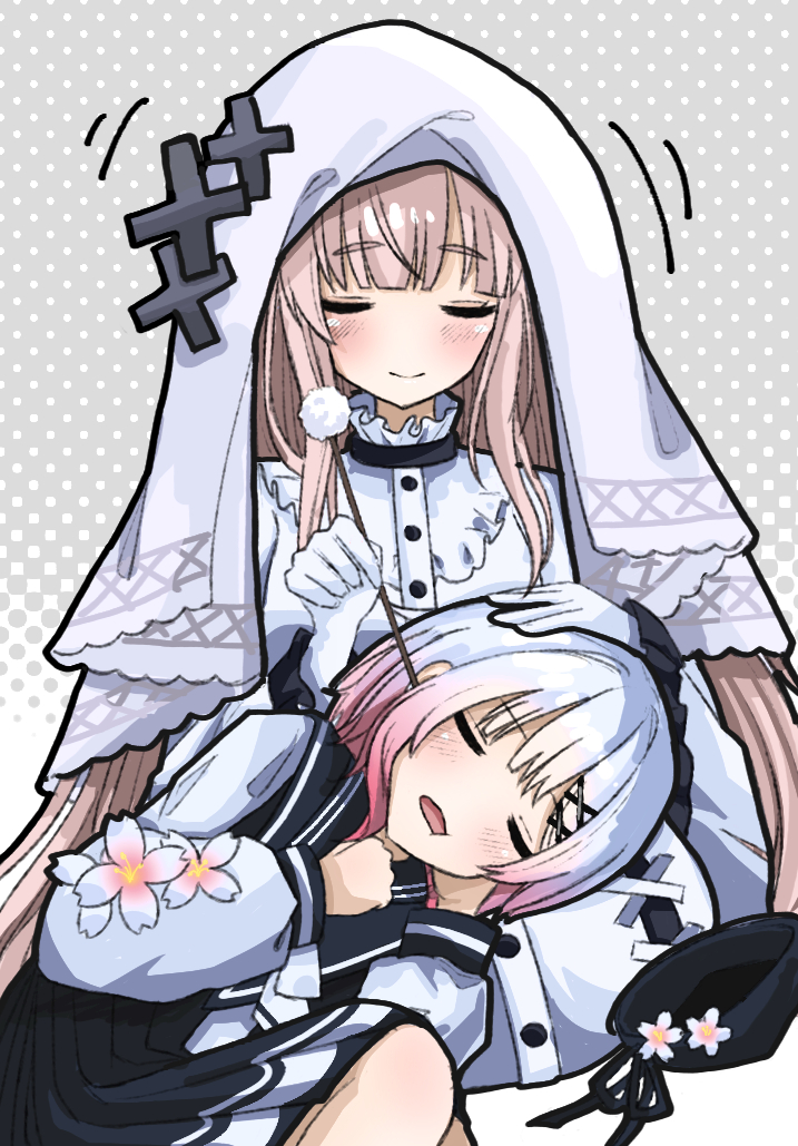 beret, bib_collar, black_hat, blonde_hair, closed_eyes, collar, cross, cross_ornament
